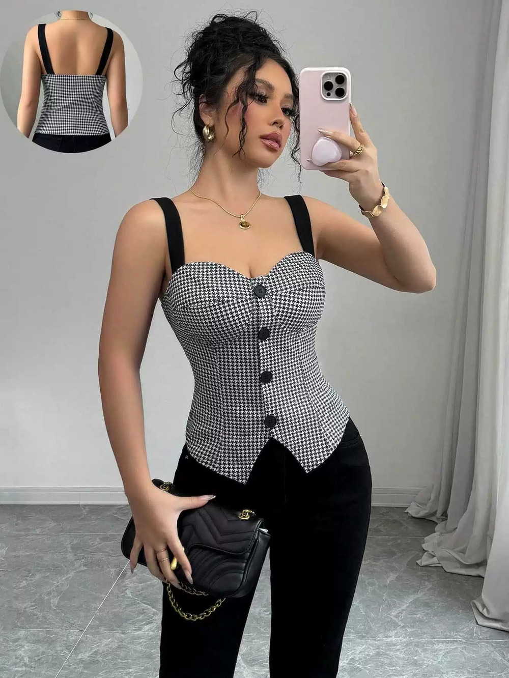 ZARA Women's Elegant Slim Fit Houndstooth Single Breasted Cardigan Vest